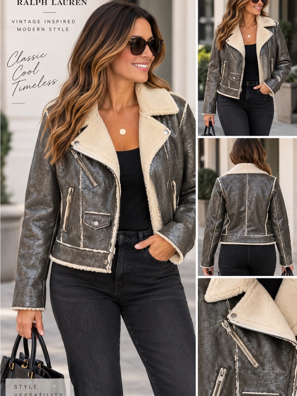 Ralph Lauren Olive Shimmer Faux-Shearling Moto Jacket - Picture 3 of 12